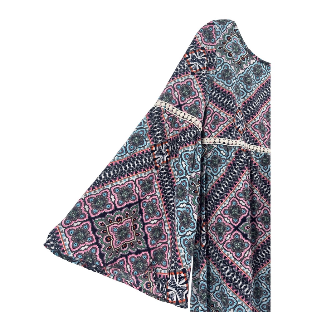 Altar'd State Womens Blue Pink Geometric Bell Sleeve Boho Mini Dress M Festival - Picture 4 of 11